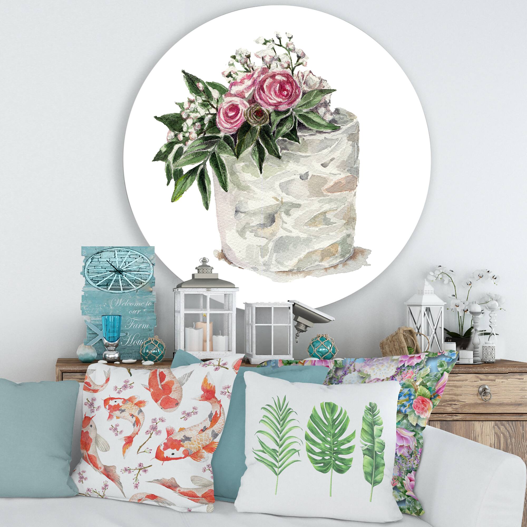 Designart - Pink Roses and White Flowers On Cake - Traditional Metal Circle Wall Art